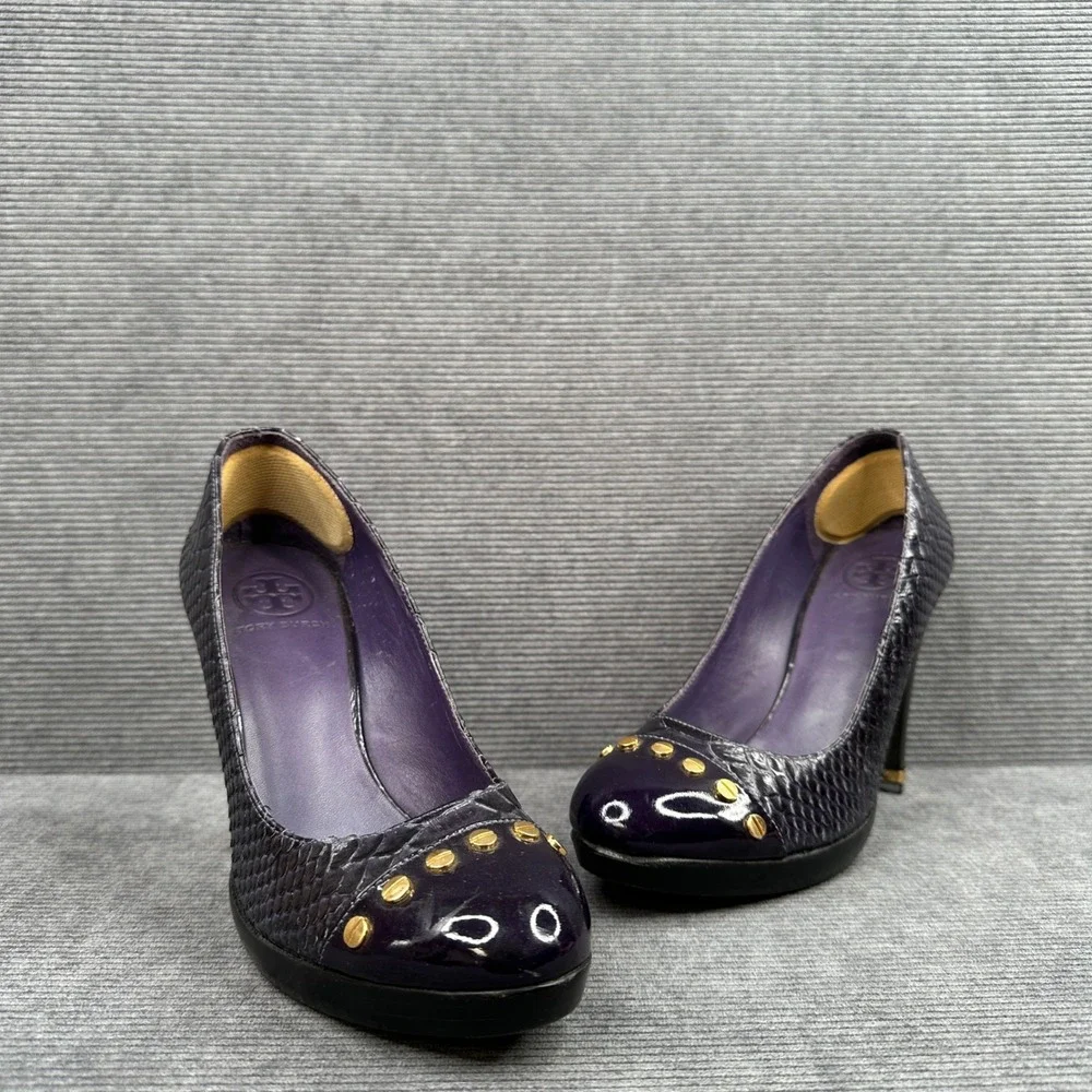 Tory Burch Purple Snakeskin Embossed Studded Patent Toe Platform Pumps Size 8.5M